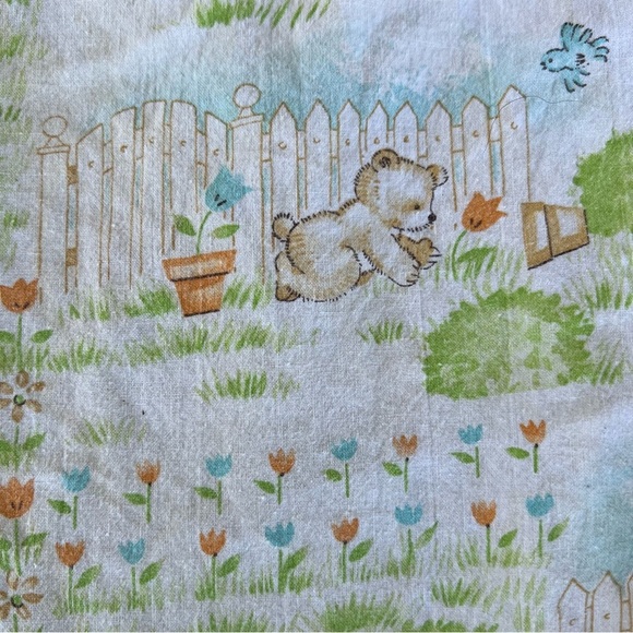 Vintage Dundee Mills Animals Gardening Fitted Crib Sheet 1980s Bear Bunny Kitty - Picture 6 of 8